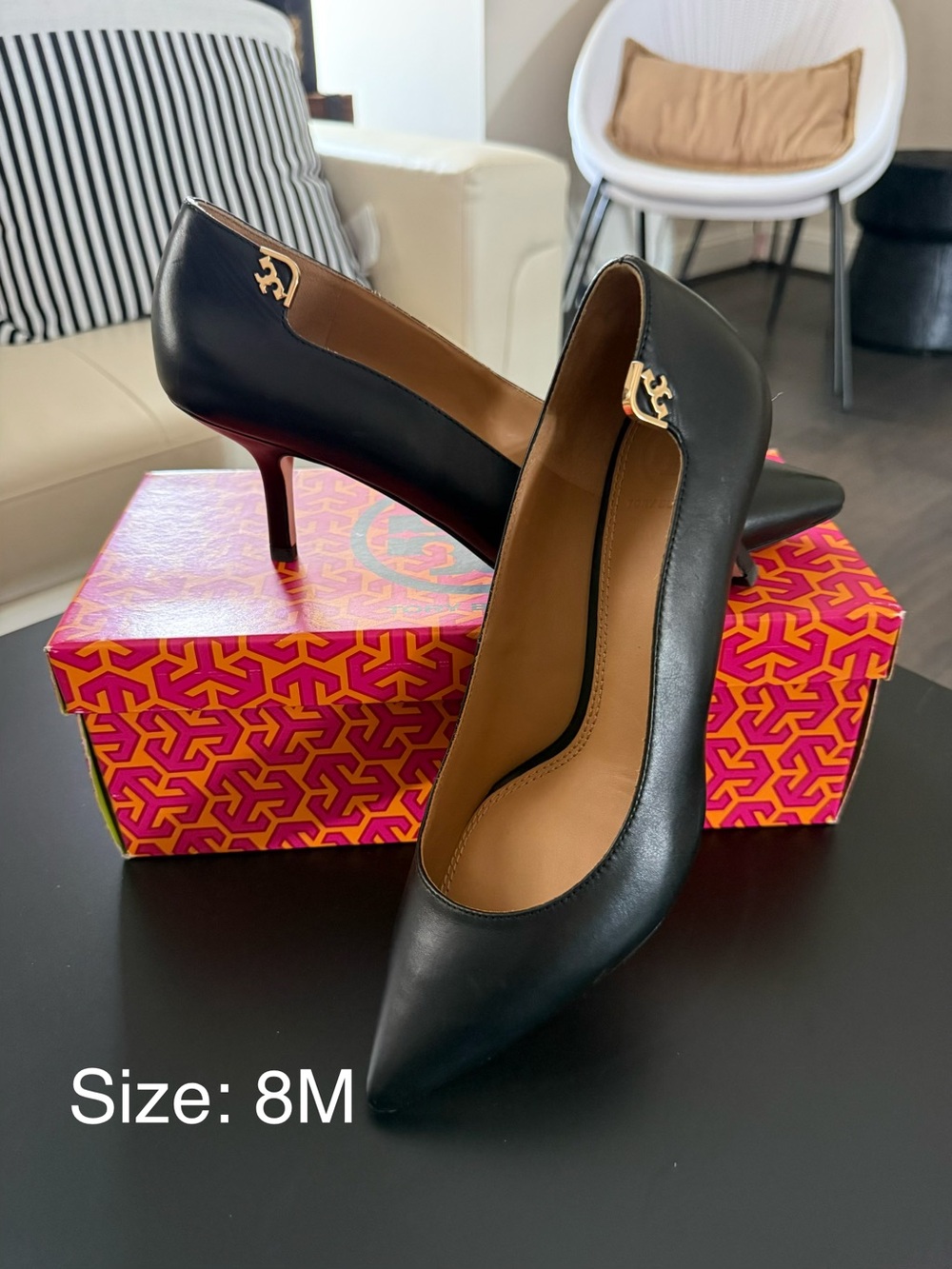 Tory Burch Black Leather Pointed Toe Pumps with Gold Logo Accent-NWOT Size: 8M